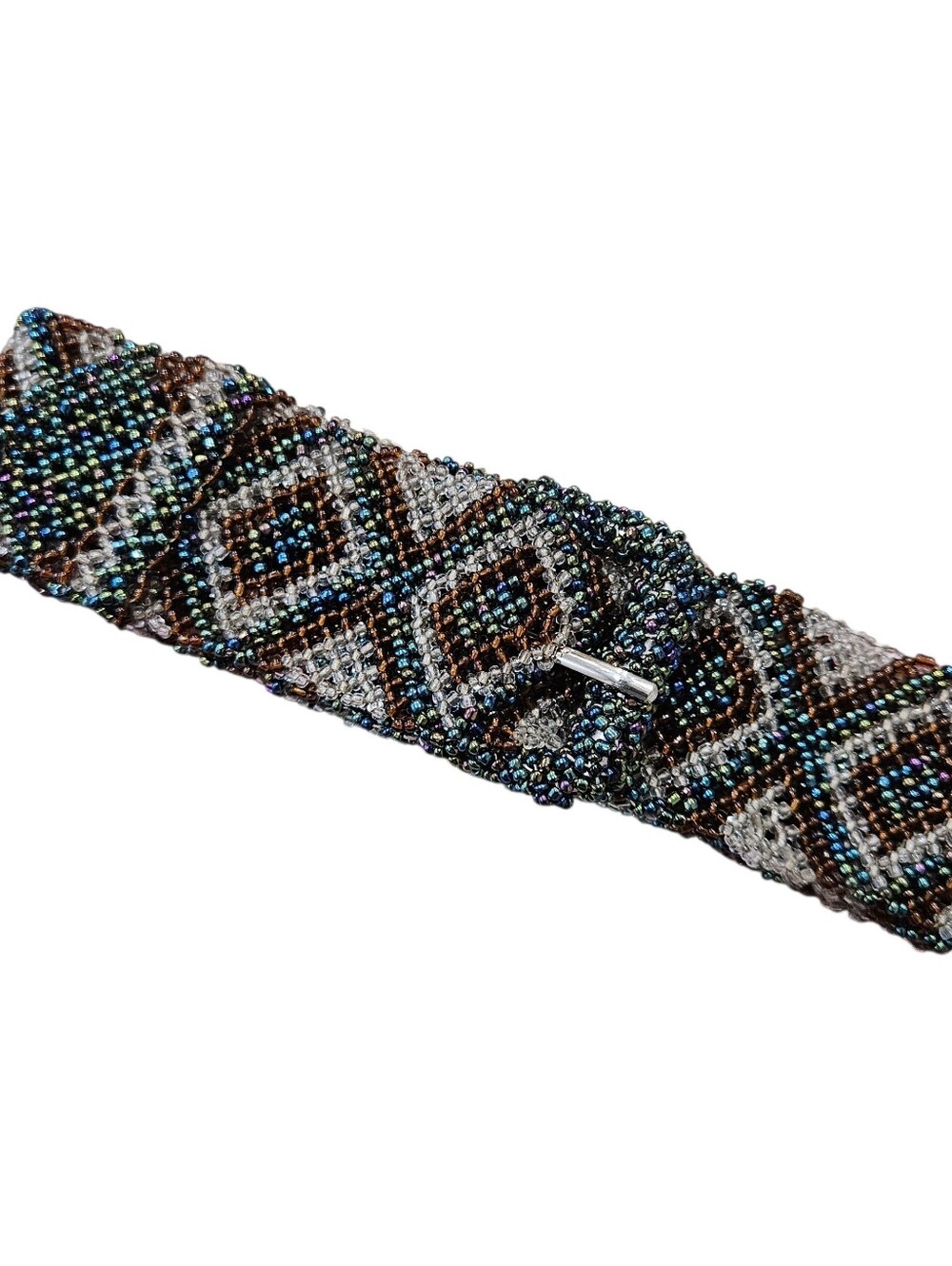 VTG Glass Seed Beaded Multicolor Iridescent Belt Geometric Heavy Designer Boho